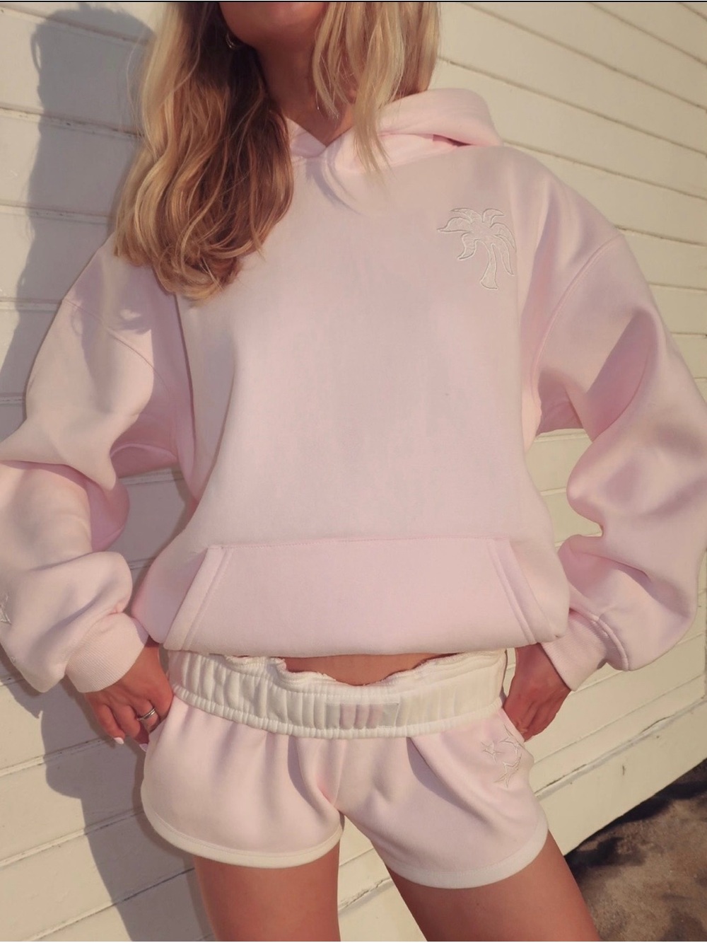 Pink Palm Puff Lacy Hoodie in Angel Pink with Wing Back Embroidery size Large